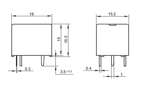 JQC-3FF-12 - SPDT 12V 5A PCB Relay Dimensions