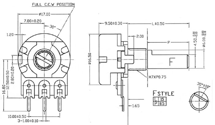 POT250KBSHAFTD - 250K Linear Taper Potentiometer with D-Type Shaft Dimensions