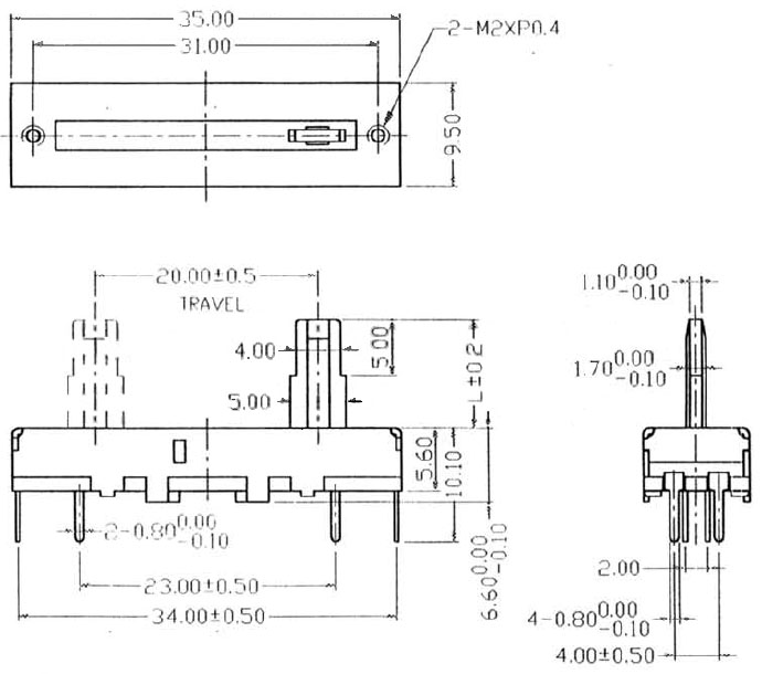 POT100KBSMSTER - 100K Small Stereo Sliding Linear Taper Potentiometer Dimensions