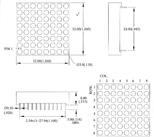 LEDM88RG - Red-Green 8x8 LED Matrix Display Dimensions