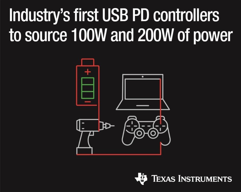 TI Releases New 200-W and 100-W USB Type-C USB Power Delivery Controllers