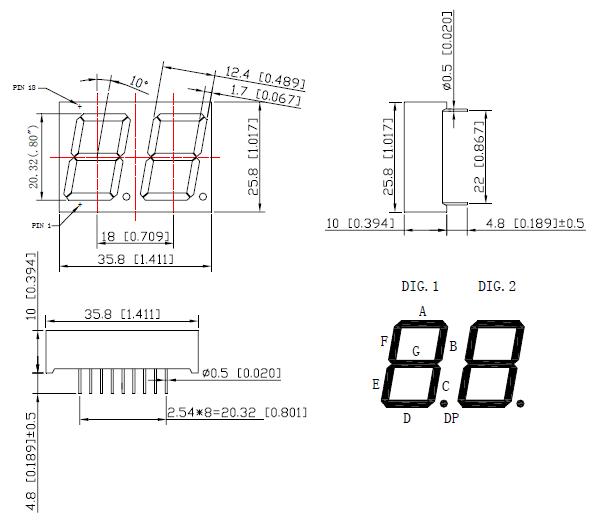 7DR8021AY - Double Yellow 0.8in Common Cathode 7-Segment Individual LED Display Dimensions