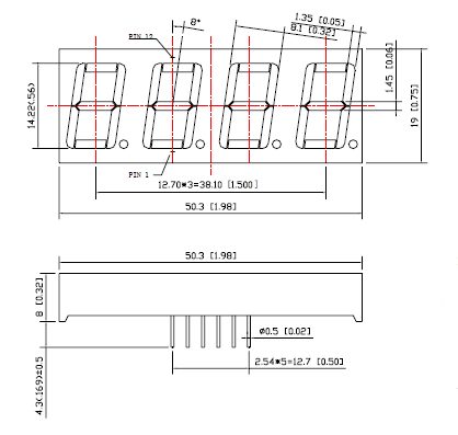 7FG5641AG - Four Green 0.56in Common Cathode 7-Segment LED Display Dimensions