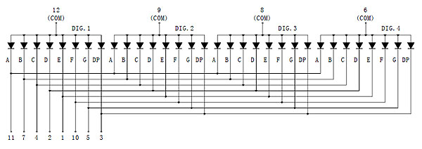 7FY5641BY - Four Yellow 0.56in Common Anode 7-Segment LED Display Circuit Diagram