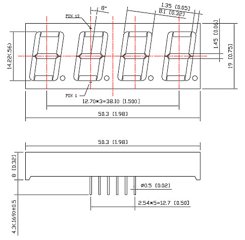 7FY5641BY - Four Yellow 0.56in Common Anode 7-Segment LED Display Dimensions