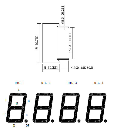 7FY5641BY - Four Yellow 0.56in Common Anode 7-Segment LED Display Dimensions