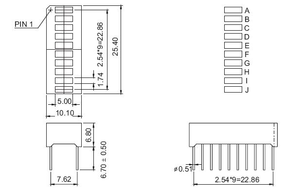 LEDBARMULTI - 10 LED Multi-Color Bargraph Dimensions