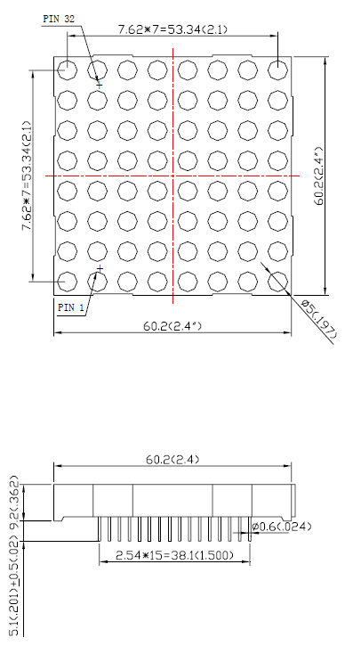 LEDM88RGBCC - Red-Green-Blue 8x8 Common Cathode LED Matrix Display Dimensions