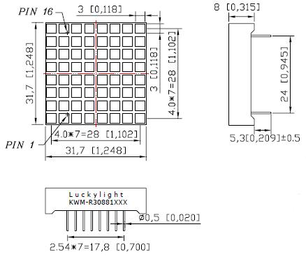LEDMS88WH-CC - White Square 8x8 Common-Cathode Led Matrix Display Dimensions