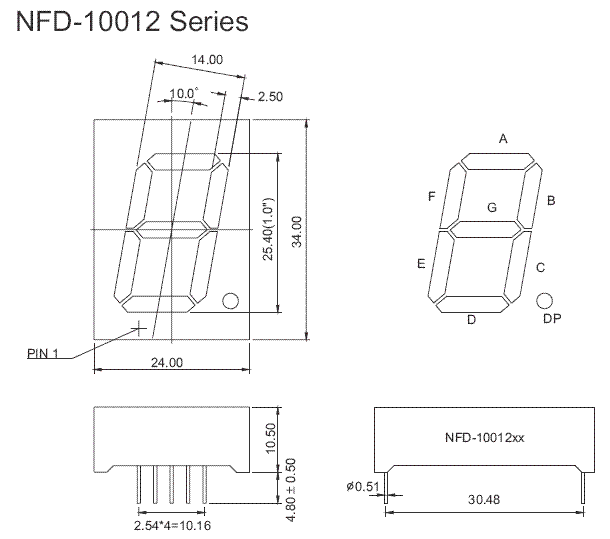7SR10012BS - Single Hi-Red 1.0in CA 7-Segment LED Display Dimensions