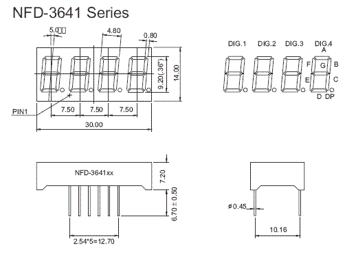 7FG3641AG - Four Green 0.36in CC 7-Segment LED Display Dimensions