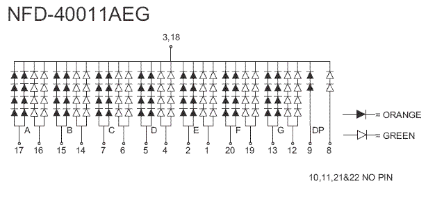 7SRG40011ASG - Single Red-Green 4.0in 7-Segment Common Cathode Display Circuit Diagram