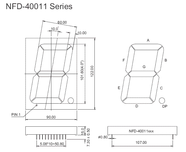 7SRG40011ASG - Single Red-Green 4.0in 7-Segment Common Cathode Display Dimensions