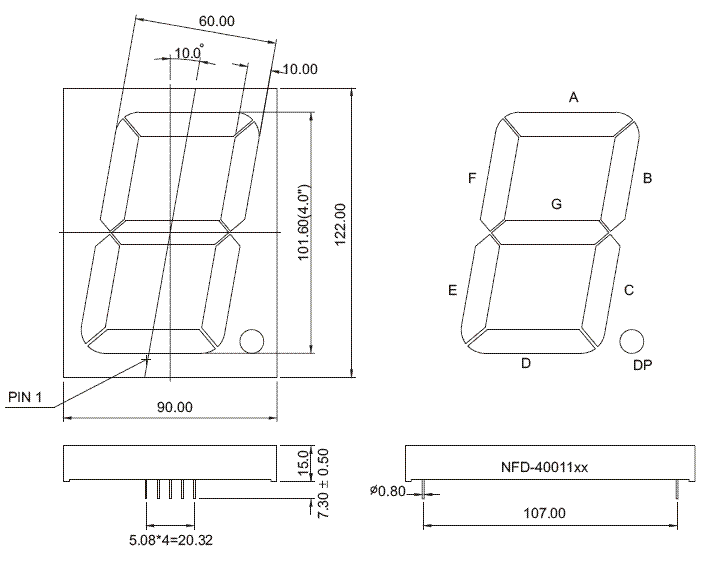 7SR40011ES - Single Hi-Red 4.0in CC 7-Segment LED Display Dimensions