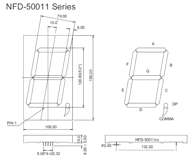7SR50011AS - Single Hi-Red 5.0in CC 7-Segment LED Display Dimensions