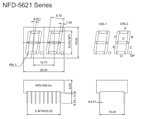 7DR5621FS - Double Hi-Red 0.56in Common Anode 7-Segment Individual LED Display Dimensions
