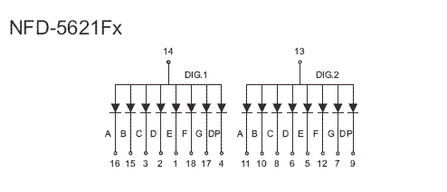 7DR5621FS - Double Hi-Red 0.56in Common Anode 7-Segment Individual LED Display Circuit Diagram