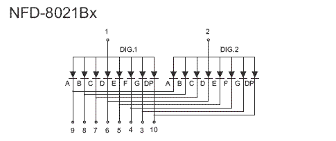 7DR8021BS - Double Hi-Red 0.80in 7-Segment Common Anode LED Display Circuit Diagram