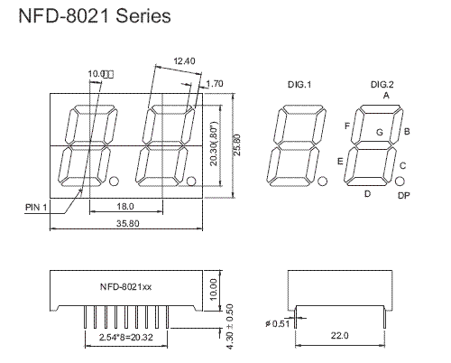 7DR8021CS - Double Hi-Red 0.80 inch 7-Segment CC Individual LED Display Dimensions