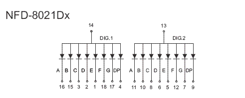 7DR8021DS - Double Hi-Red 0.80in Common Anode 7-Segment Individual LED Display Circuit Diagram