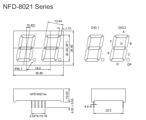 7DR8021AS - Double Hi-Red 0.80in 7-Segment Common Cathode LED Display Dimensions