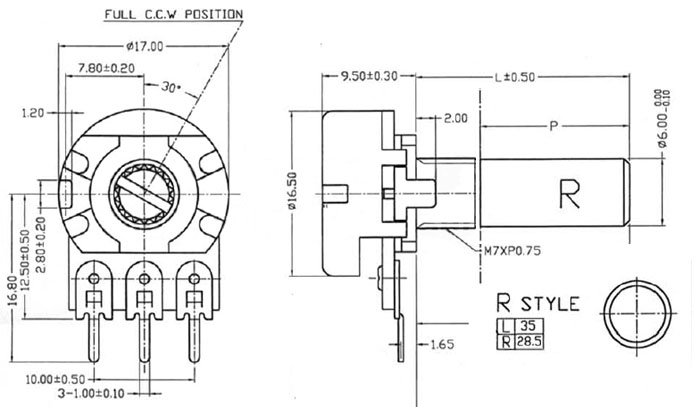 POT500KBSHAFT - 500k Linear Taper Potentiometer with 35mm Shaft Dimensions
